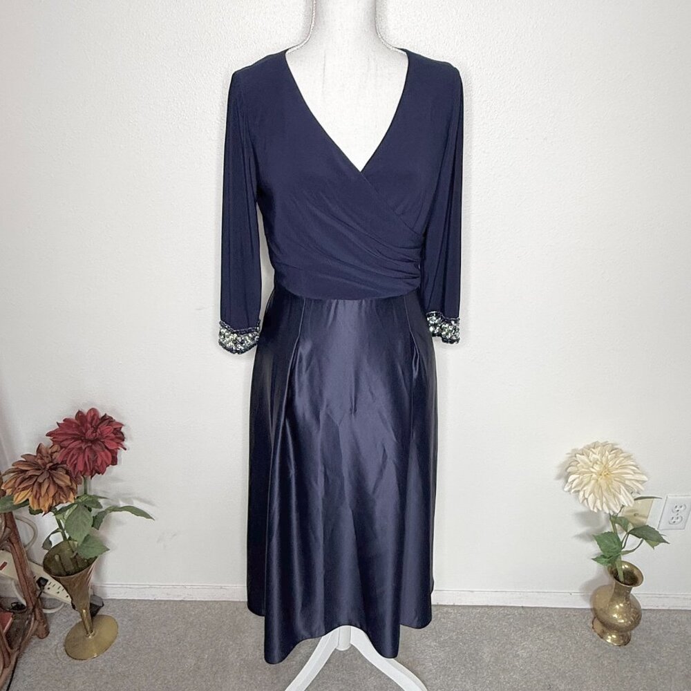 Alex Evenings Women Satin Ballgown Dress Pockets Size 6 Navy